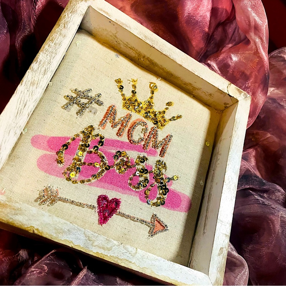 Mom Boss Beaded & Sequin Quote Wall Art / Desk Art